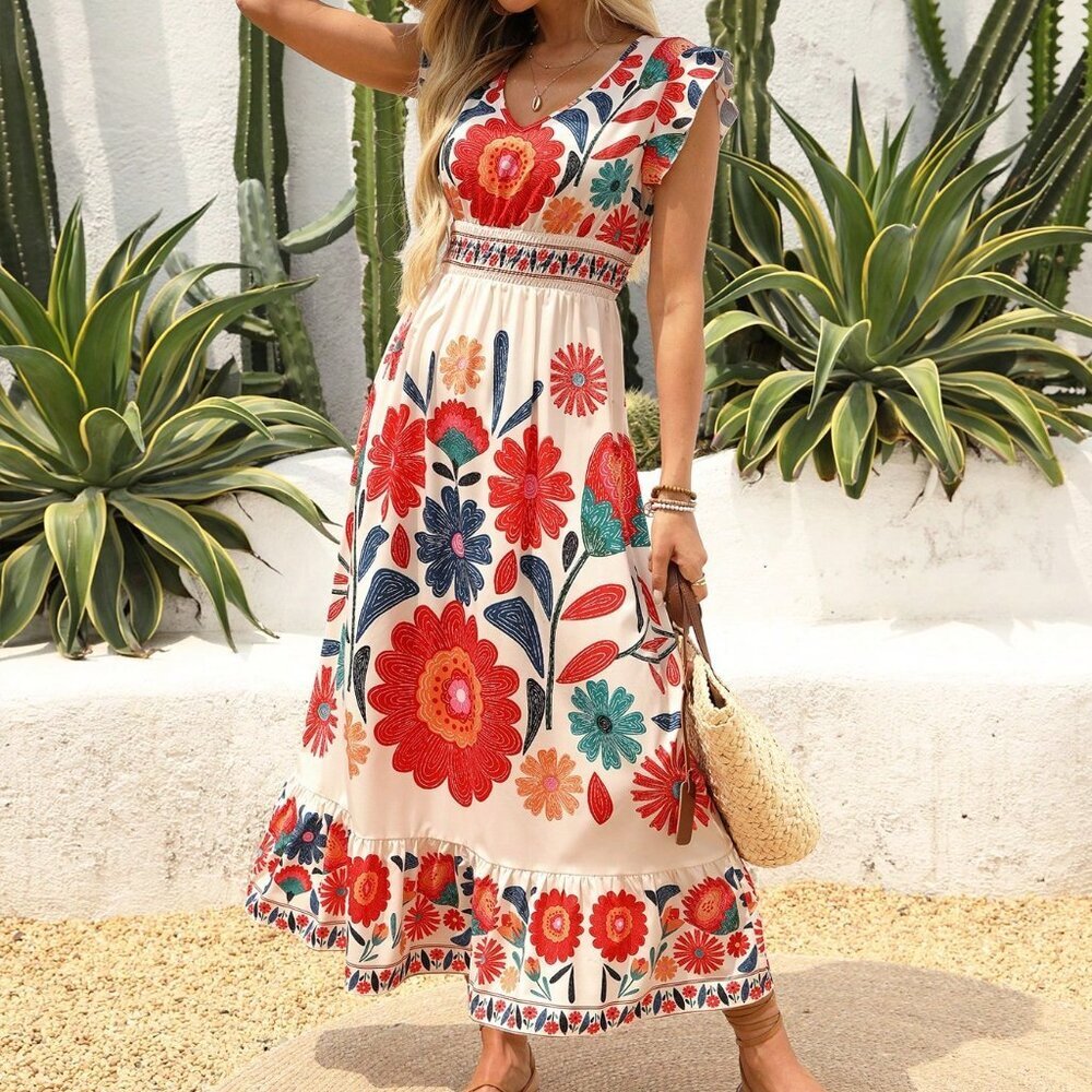 Multicolor Bohemian Women's Casual Lightweight V-Neck Floral Print Maxi Dress - Picture 3 of 10